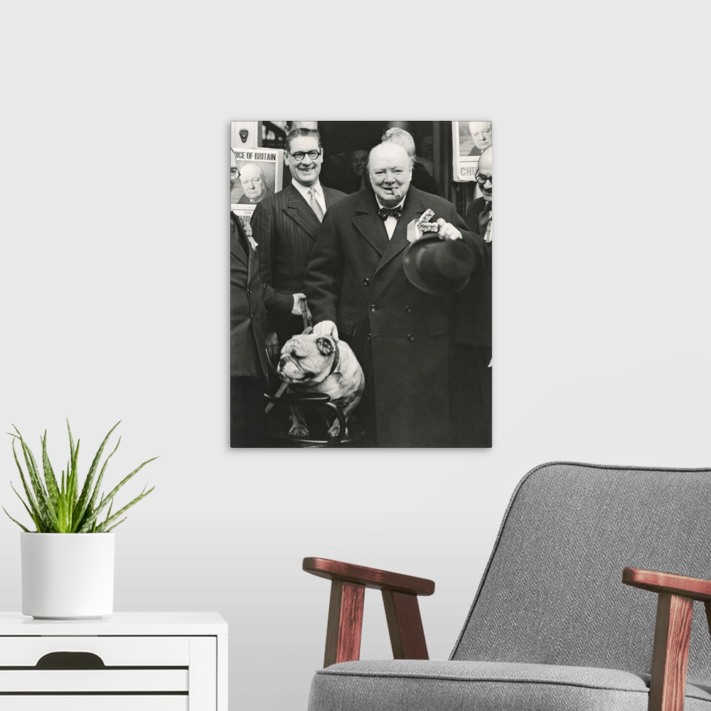 A modern room featuring Party Leader Winston Churchill making a speech outside the Conservative Club, Wanstead, England. ...