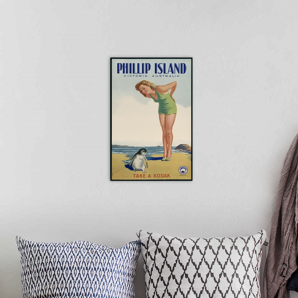 A bohemian room featuring Phillip Island, Victoria, Australia. Take a Kodak. 1930s travel poster for Victorian Railways Aus...
