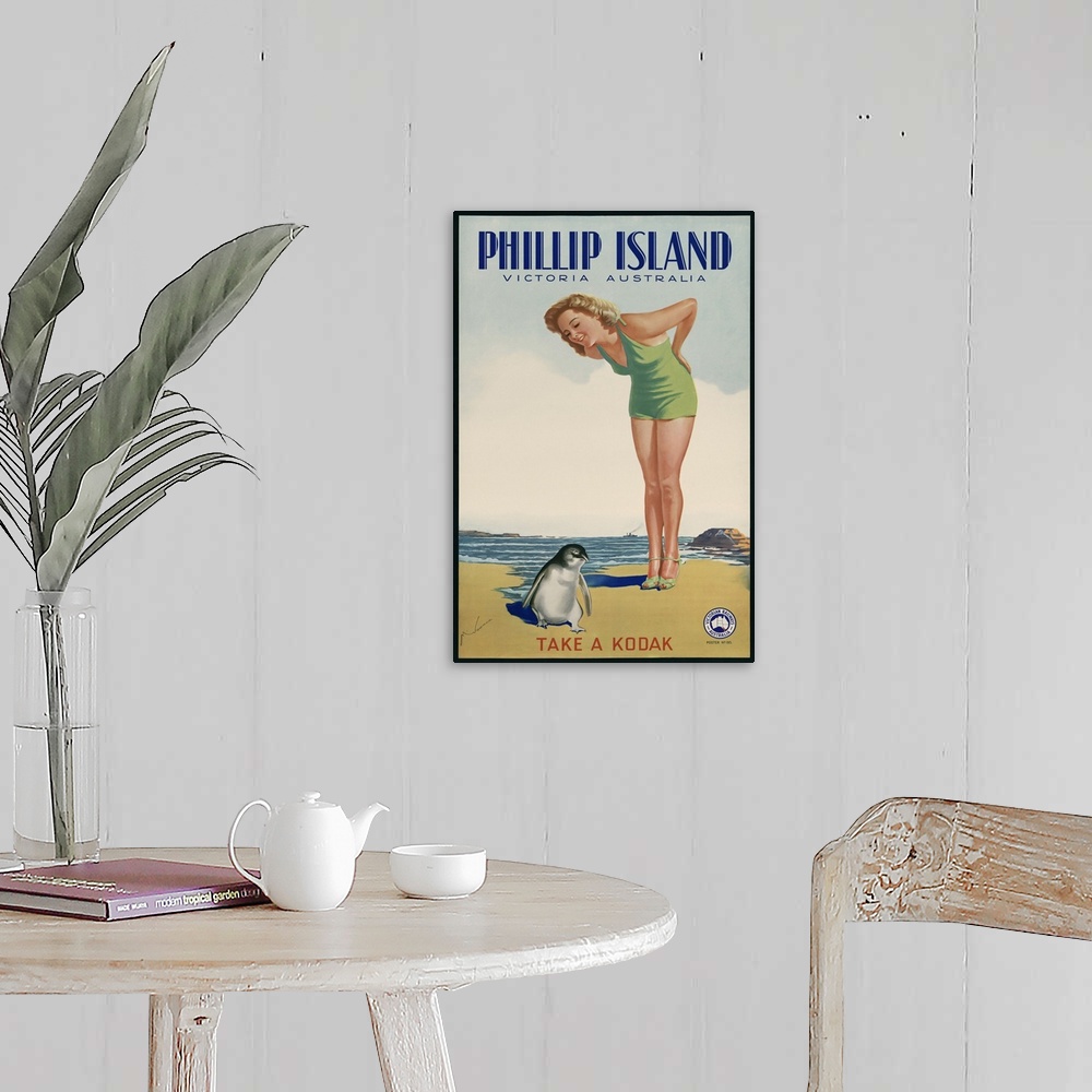 A farmhouse room featuring Phillip Island, Victoria, Australia. Take a Kodak. 1930s travel poster for Victorian Railways Aus...