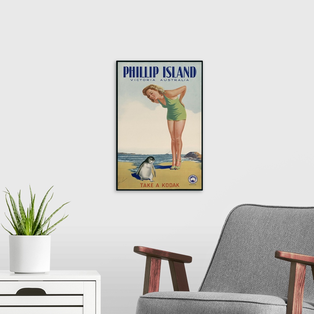 A modern room featuring Phillip Island, Victoria, Australia. Take a Kodak. 1930s travel poster for Victorian Railways Aus...