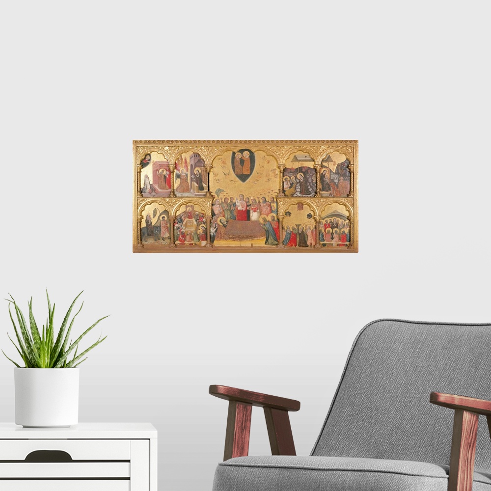 A modern room featuring Polyptych of the Domitio Virginis with Crowning of the Virgin, St Gregory Praying at Trajans Sepu...