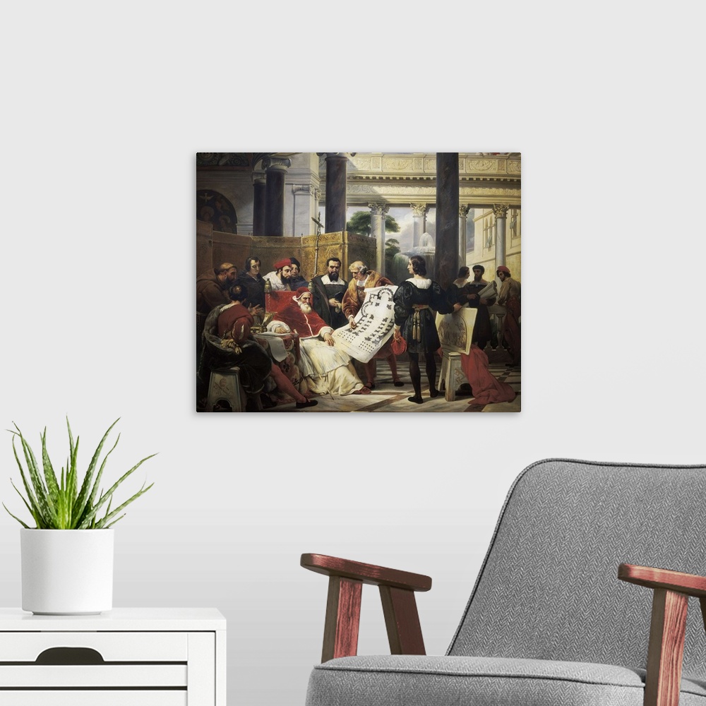 A modern room featuring Pope Julius II ordering Bramante, Michelangelo, and Raphael to construct the Vatican