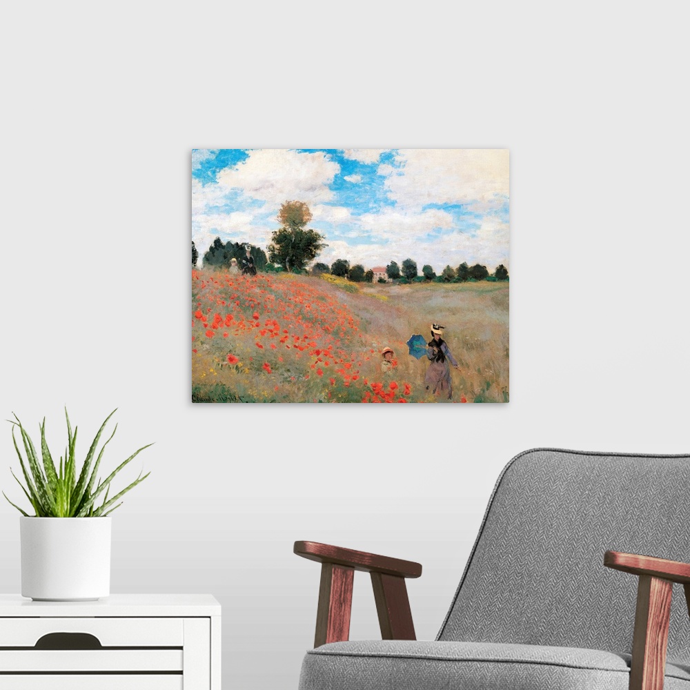 A modern room featuring The Poppy Field, by Claude Monet, 1873, 19th Century, oil on canvas, cm 50 x 65 - France, Ile de ...