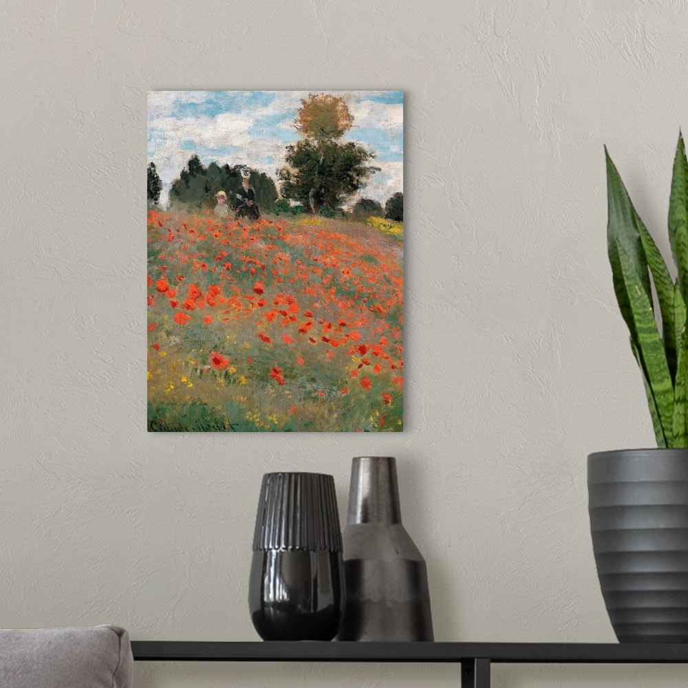 A modern room featuring The Poppy Field, by Claude Monet, 1873, 19th Century, oil on canvas, cm 50 x 65 - France, Ile de ...