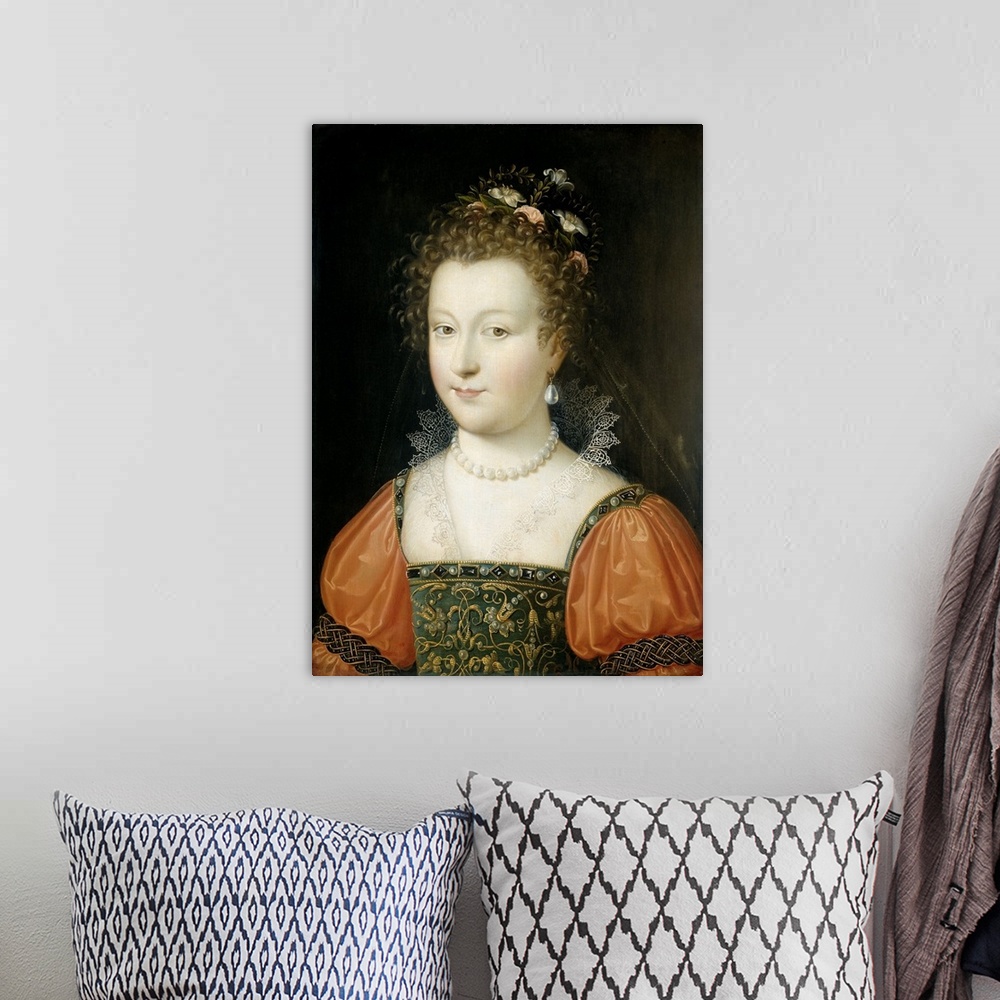 A bohemian room featuring Portrait of a Woman, by Anonymous, 1550-74, Netherlandish painting, oil on panel. Young woman wit...