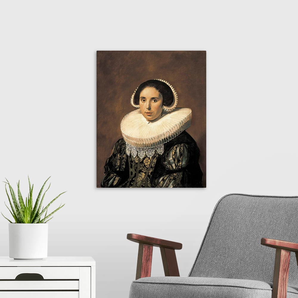 A modern room featuring Portrait of a Woman, possibly Sara Wolphaerts van Diemen