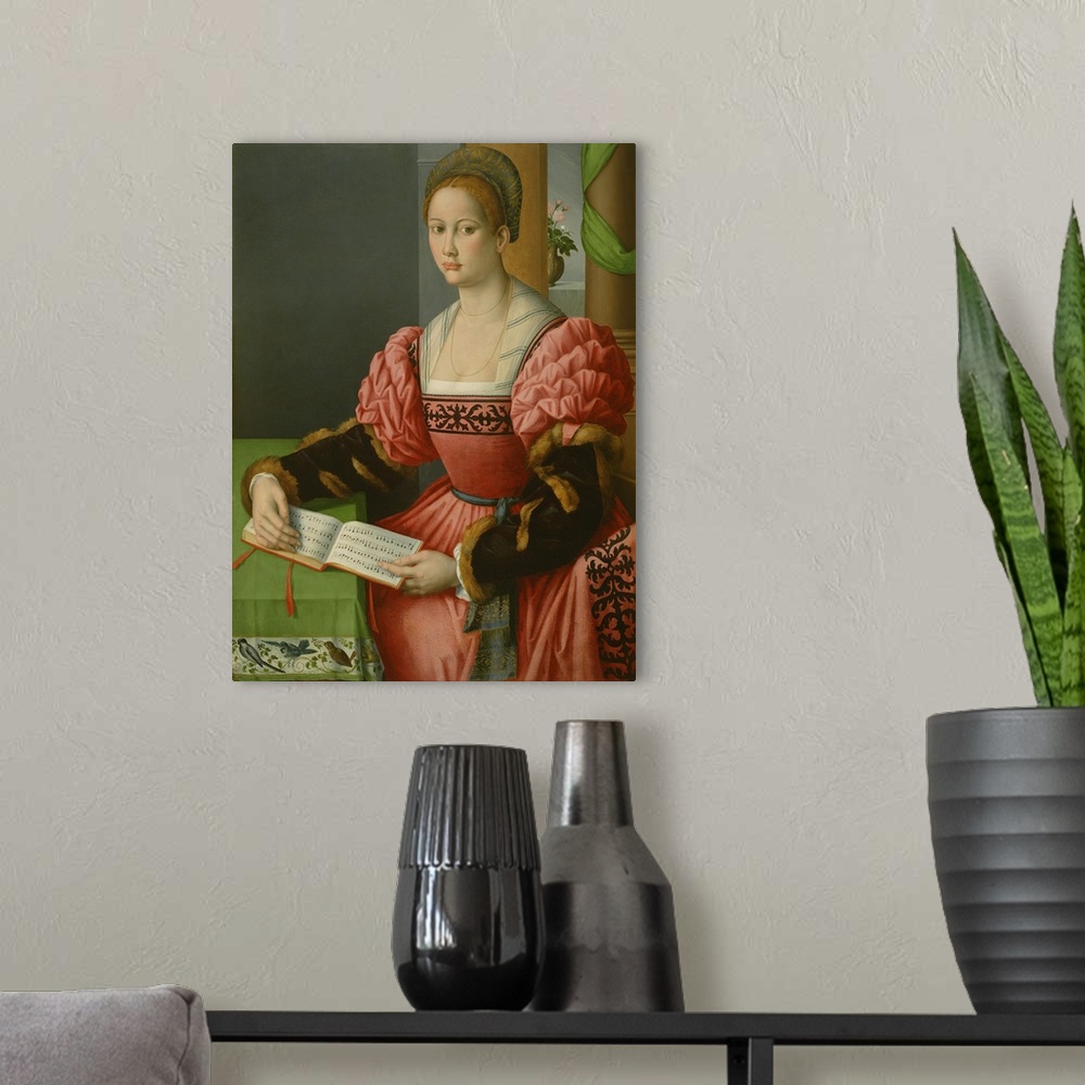 A modern room featuring Portrait of a Woman with a Book of Music, by Bacchiacca, 1540, Italian Renaissance painting, oil ...