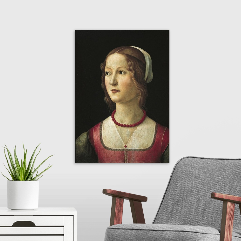A modern room featuring GHIRLANDAIO, Domenico di Tommaso Bigordi, called (1449-1494). Portrait of a Young Woman. ca. 1485...