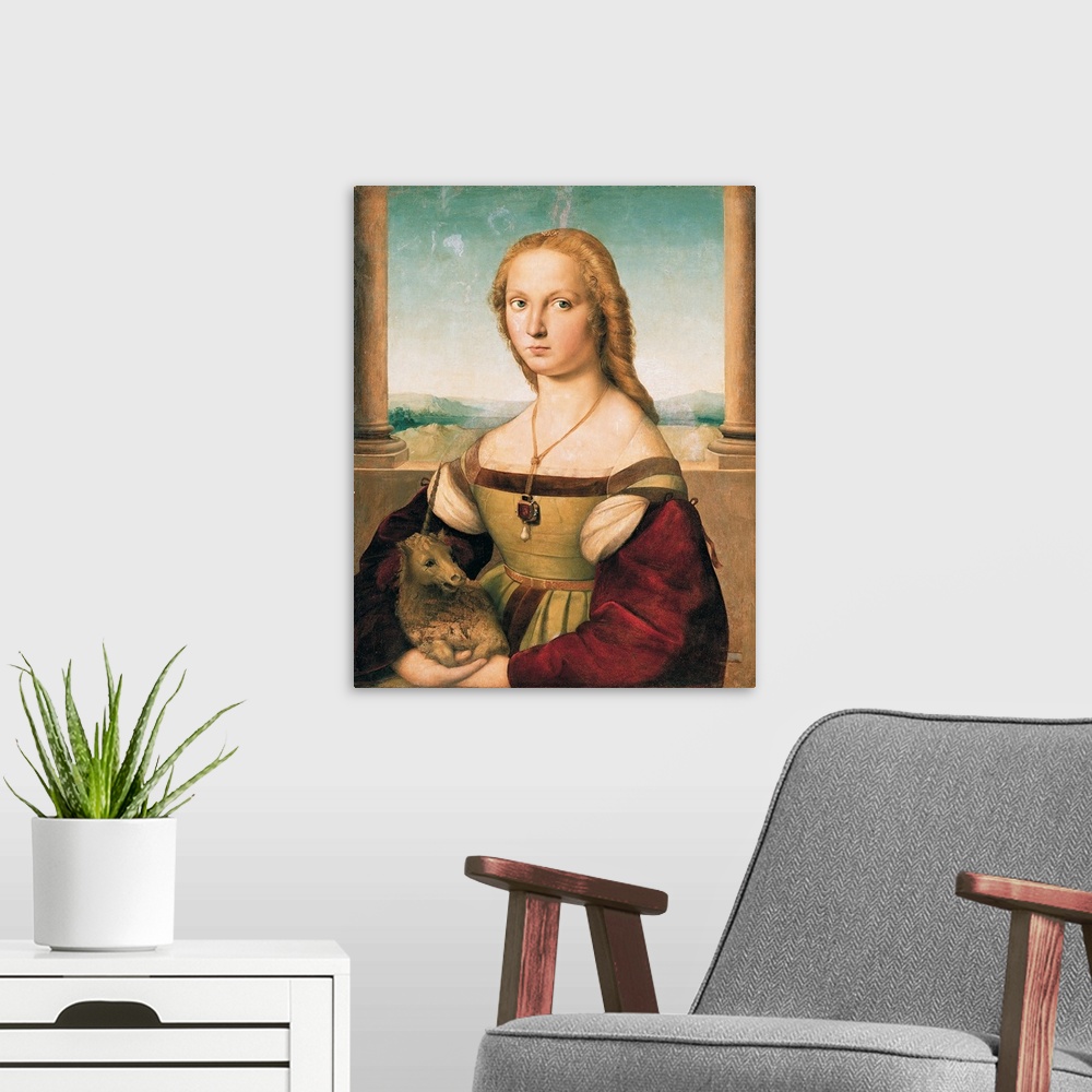 A modern room featuring Portrait of a Young Woman (Lady with a Unicorn), by Raffaello Sanzio, 1505 - 1506, 16th Century, ...