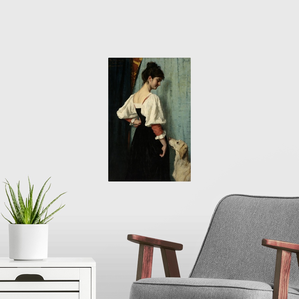 A modern room featuring Portrait of a Young Woman, with 'Puck' the Dog, by Therese Schwartze, c. 1879-85, Dutch painting,...