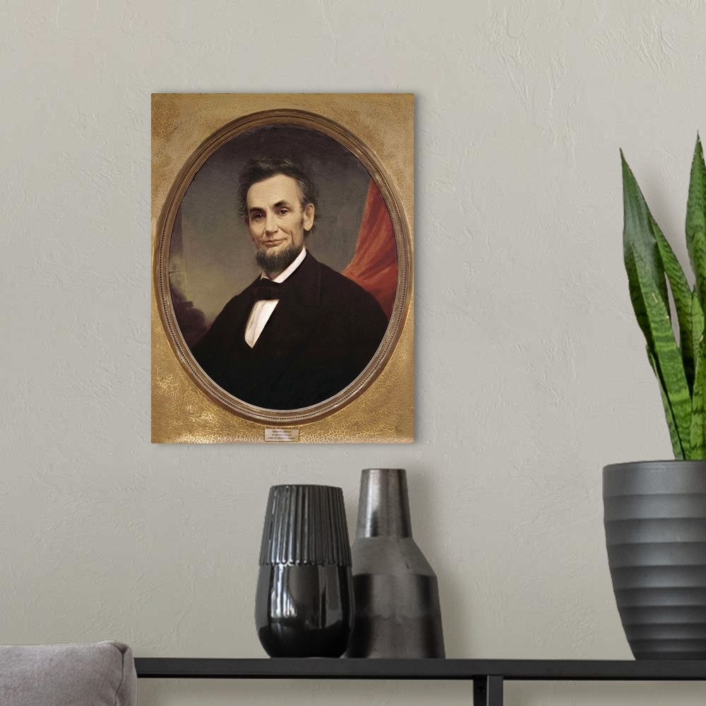A modern room featuring WILSON, Matthew Henry (1814-1892). Portrait of Abraham Lincoln. 1865. Last portrait of Lincoln, c...