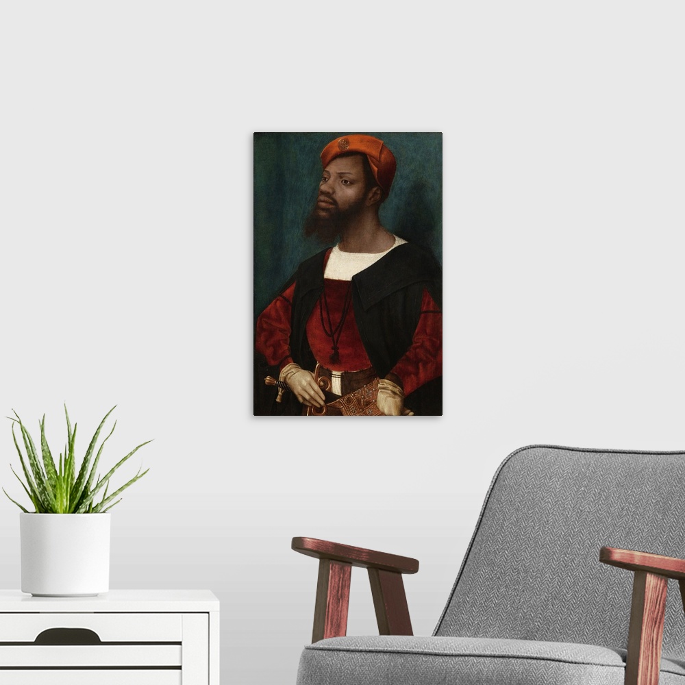 A modern room featuring Portrait of an African Man (Christophle le More), by Jan Jansz Mostaert, c. 1525-30, Netherlandis...
