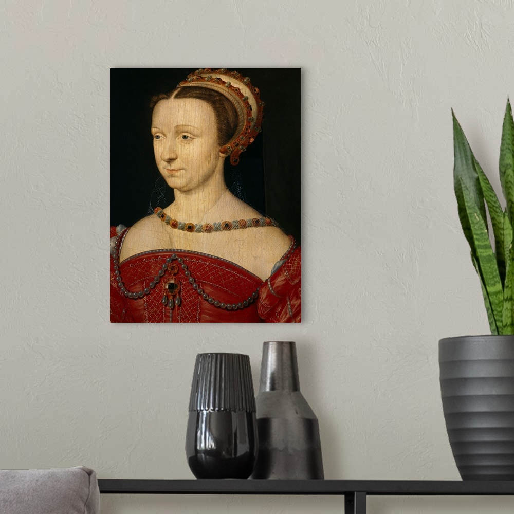 A modern room featuring French School. Portrait of Anna d'Este, Duchess of Guise and Nemours. Oil on Wood, 0.32 x 0.23 m....