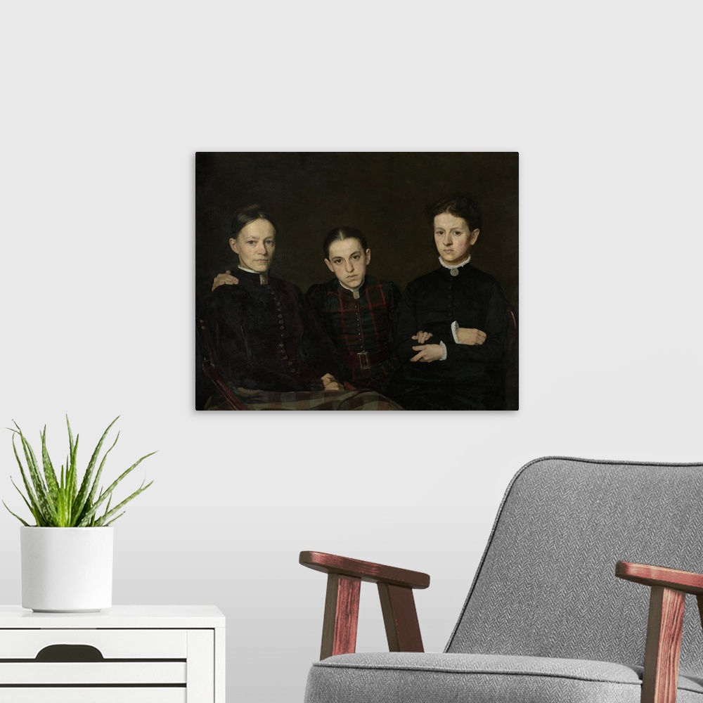 A modern room featuring Portrait of Cornelia, Clara and Johanna Veth, by Jan Veth, 1885, Dutch painting, oil on canvas. T...