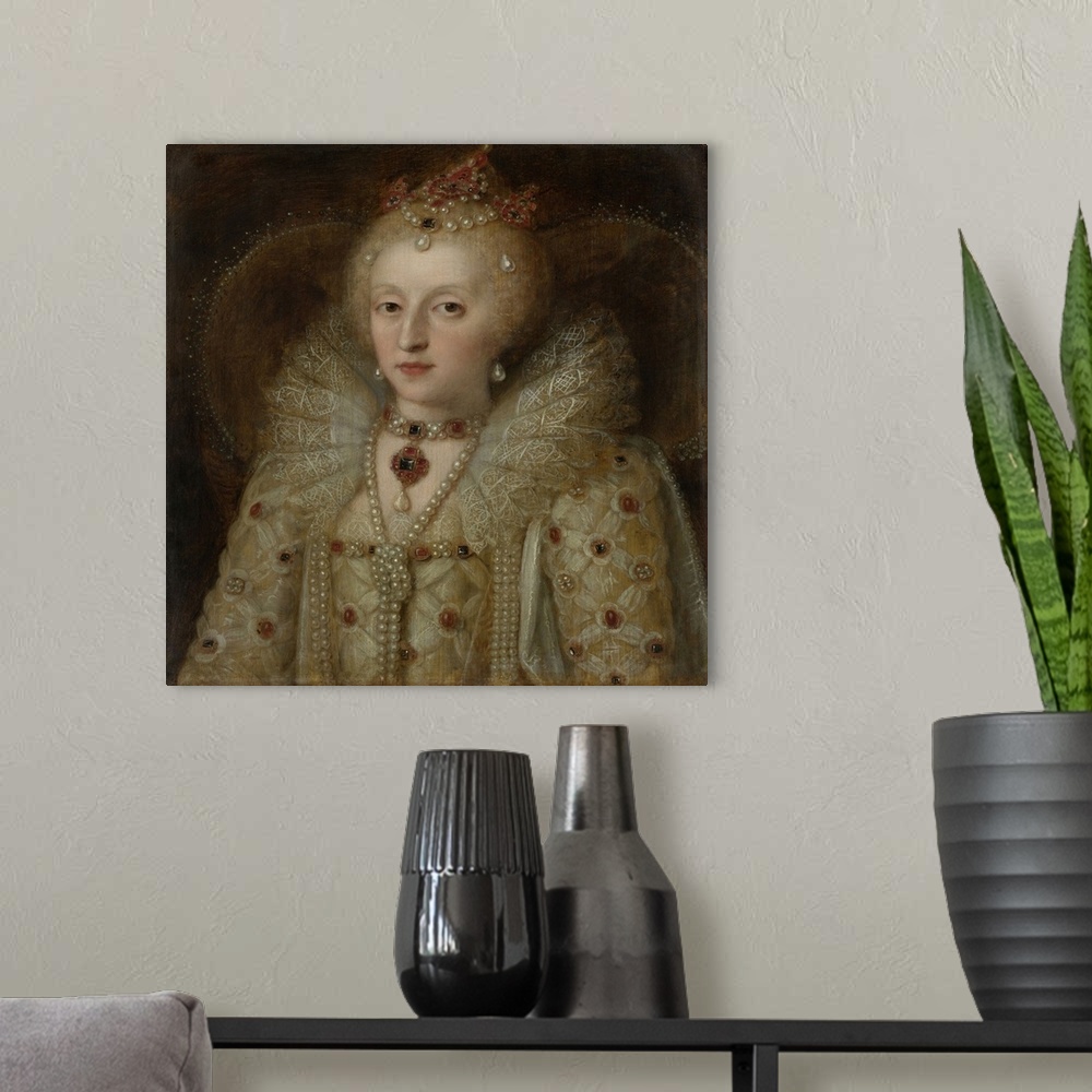 A modern room featuring Portrait of Elizabeth I, Queen of England, by Anonymous, c. 1550-99, European painting, oil on pa...