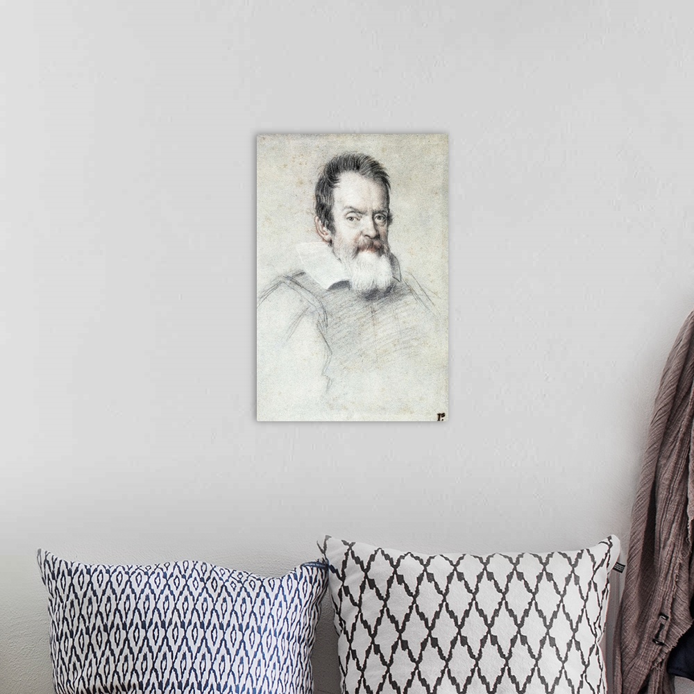 A bohemian room featuring Portrait of Galileo Galilei by Ottavio Mario Leoni