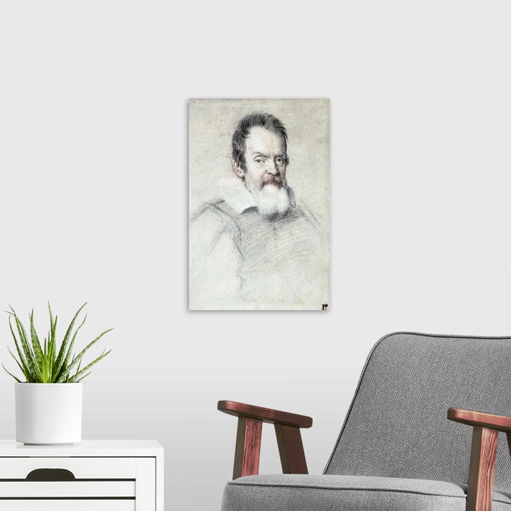 A modern room featuring Portrait of Galileo Galilei by Ottavio Mario Leoni