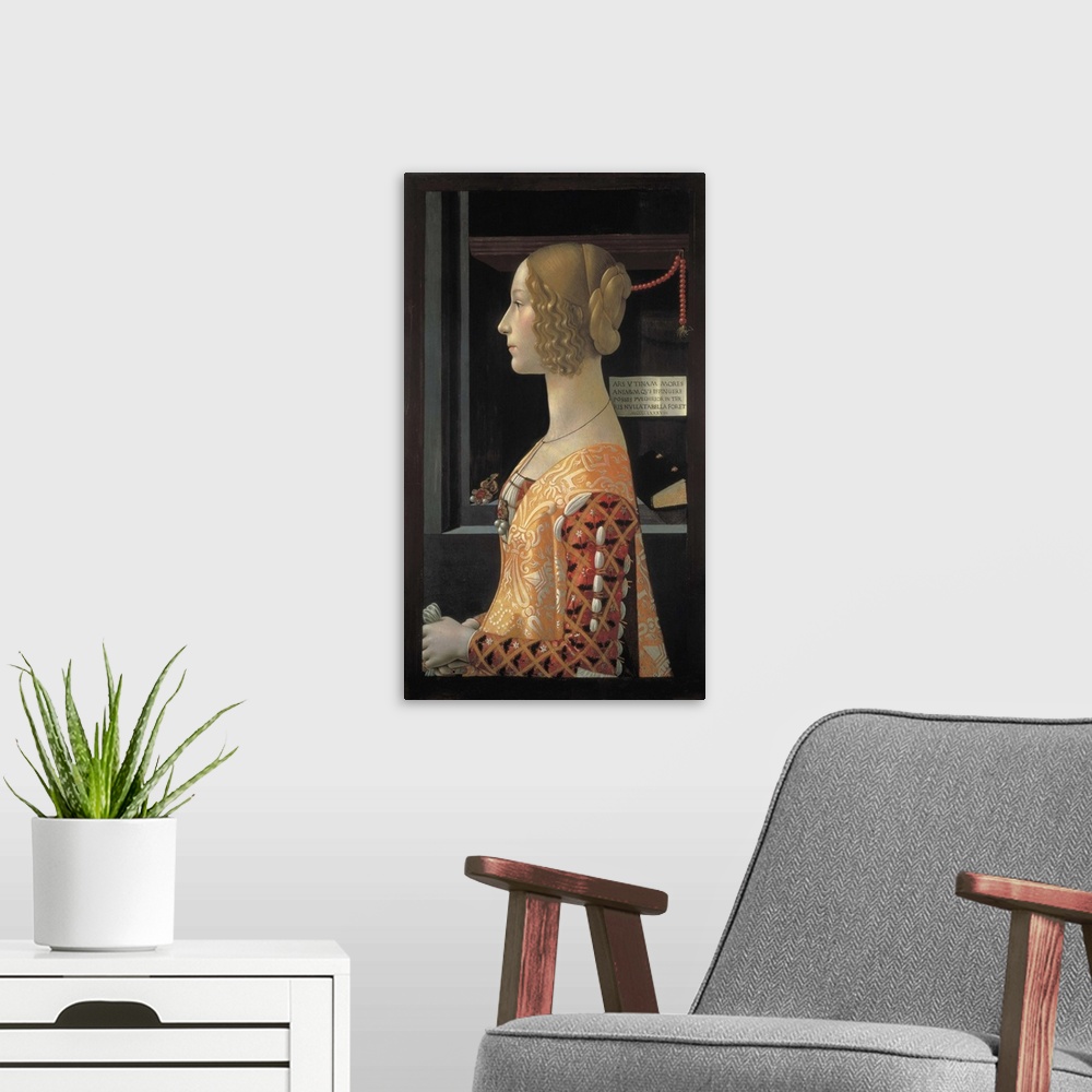 A modern room featuring Portrait of Giovanna Tornabuoni by Domenico Ghirlandaio