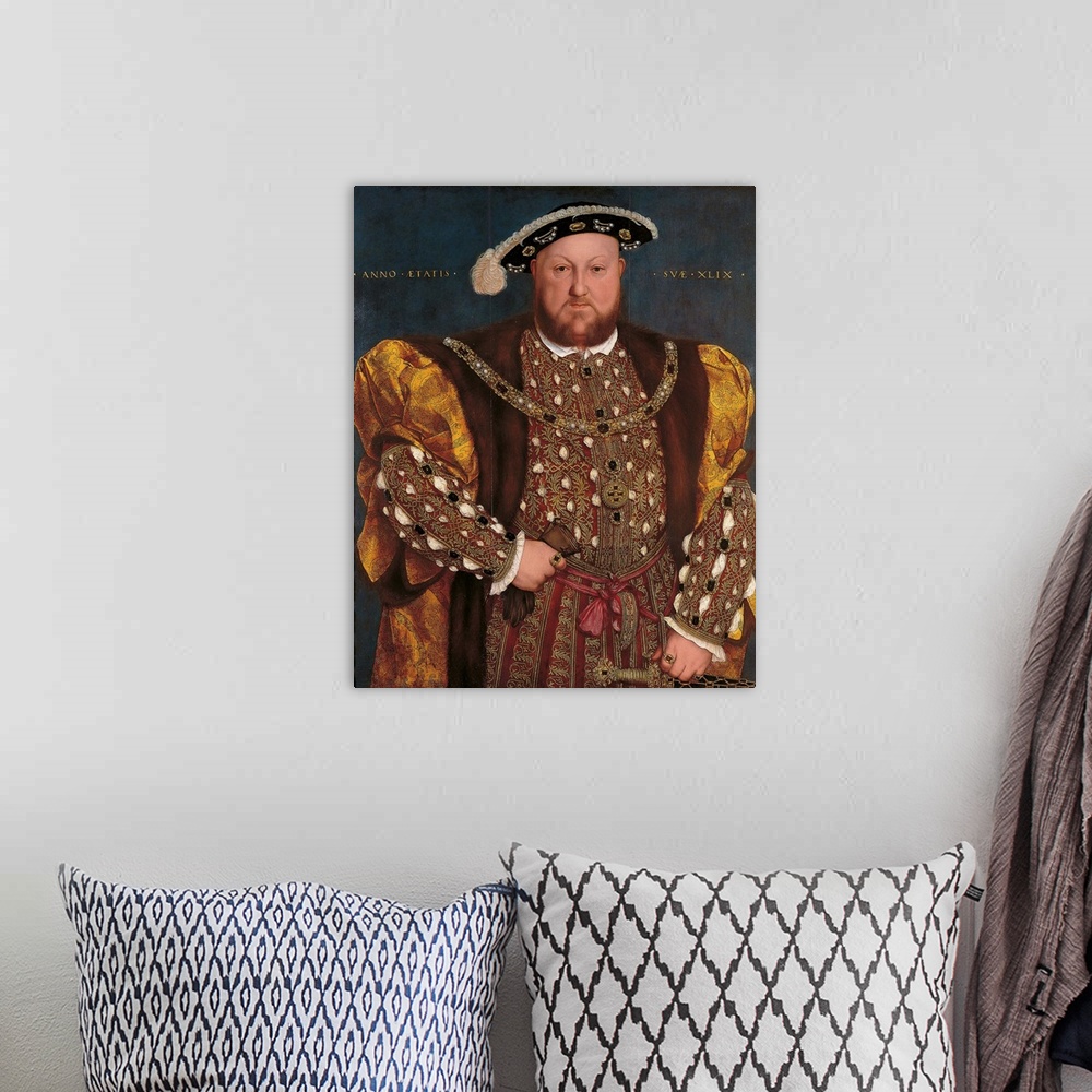 A bohemian room featuring Portrait of Henry VIII, by Hans il Giovane Holbein, 1539 - 1540 about, 16th Century, oil on panel...