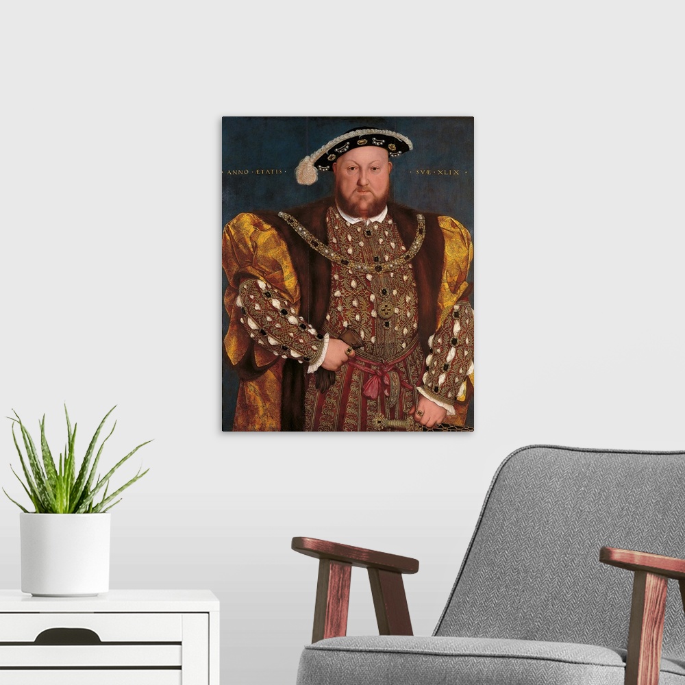 A modern room featuring Portrait of Henry VIII, by Hans il Giovane Holbein, 1539 - 1540 about, 16th Century, oil on panel...