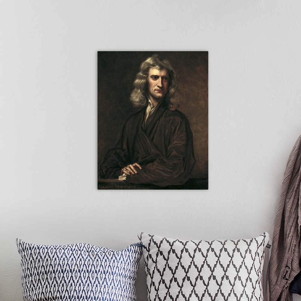 A bohemian room featuring BARLOW, Thomas Oldham (1824-1895). Portrait of Isaac Newton. 1863. Portrait executed after an ori...