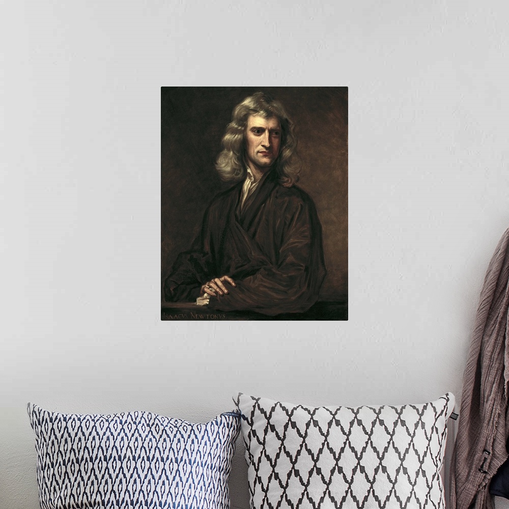 A bohemian room featuring BARLOW, Thomas Oldham (1824-1895). Portrait of Isaac Newton. 1863. Portrait executed after an ori...