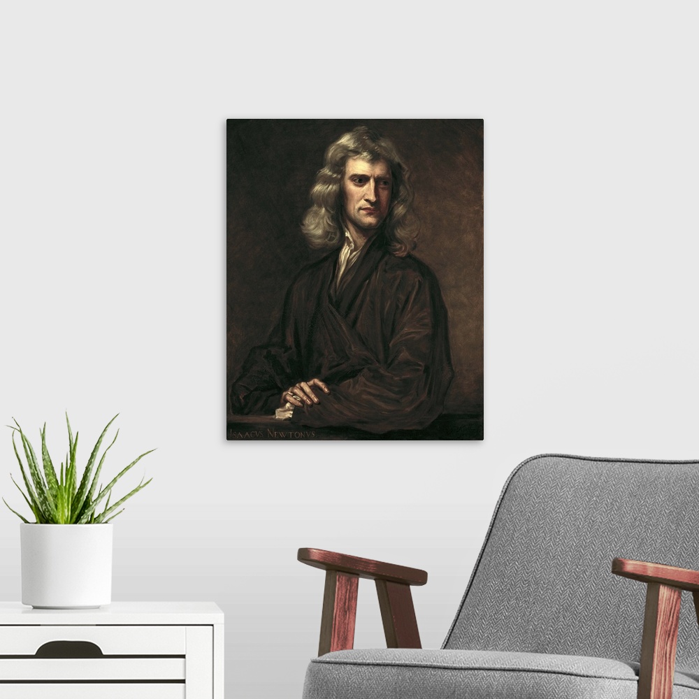 A modern room featuring BARLOW, Thomas Oldham (1824-1895). Portrait of Isaac Newton. 1863. Portrait executed after an ori...
