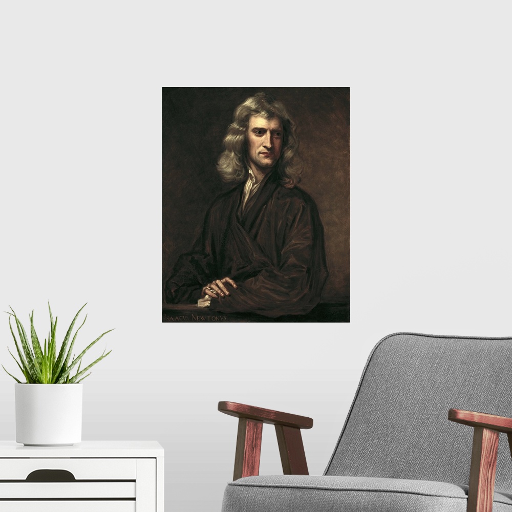 A modern room featuring BARLOW, Thomas Oldham (1824-1895). Portrait of Isaac Newton. 1863. Portrait executed after an ori...