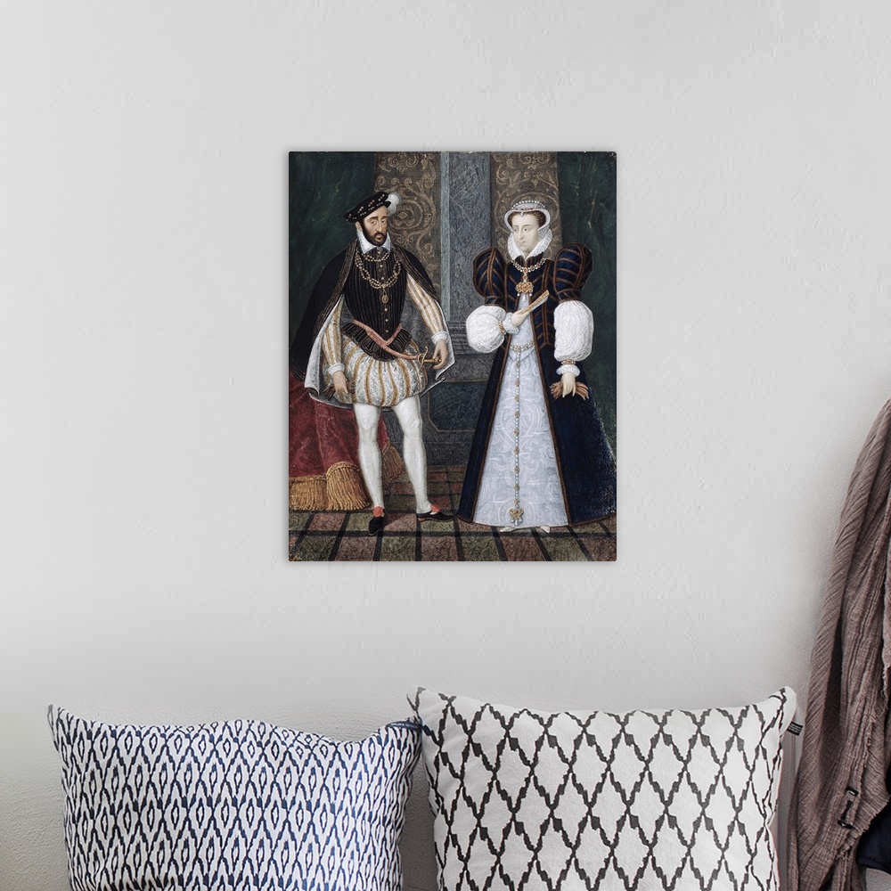A bohemian room featuring 1919 , French School. Full-length Portrait of King Henry II of France (1519-1559) and Catherine d...