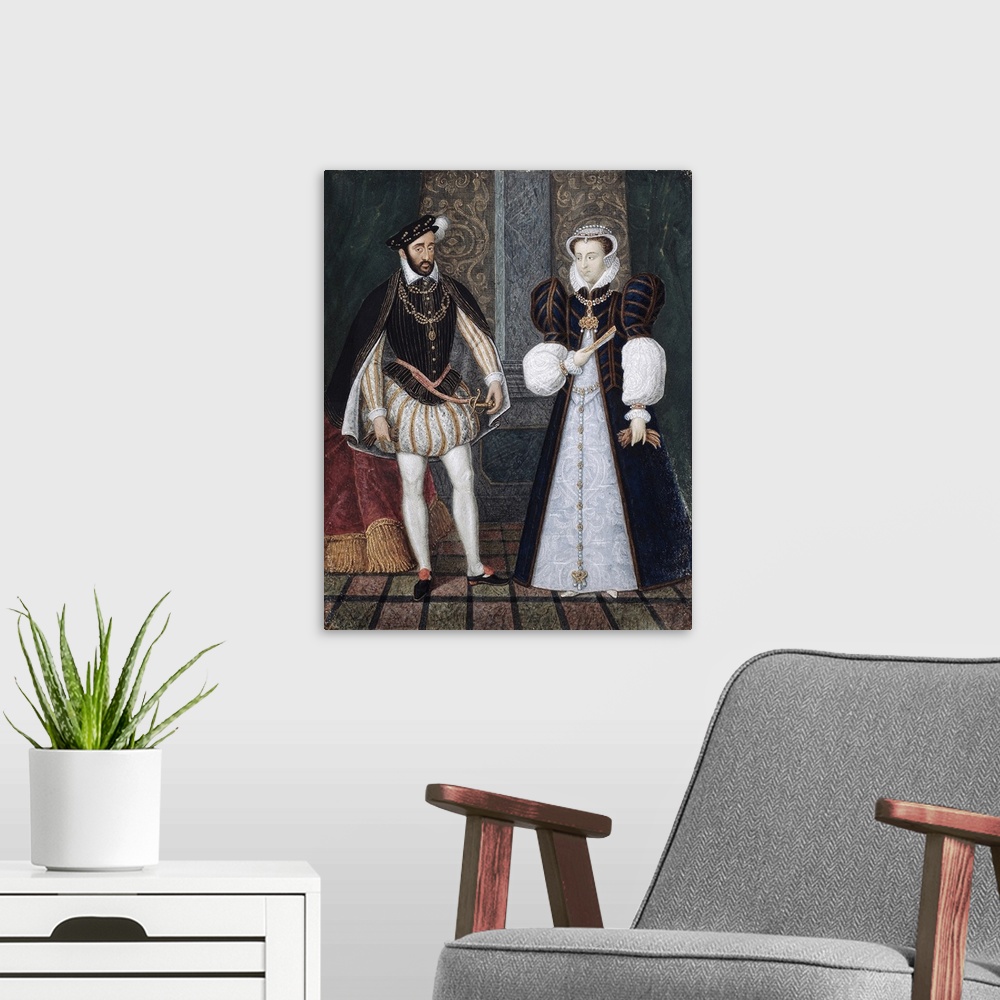 A modern room featuring 1919 , French School. Full-length Portrait of King Henry II of France (1519-1559) and Catherine d...