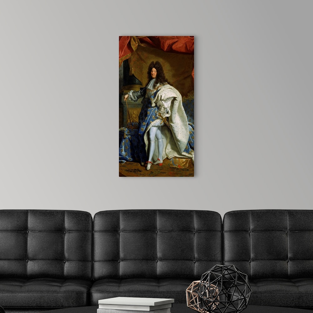 A modern room featuring Portrait of Louis XIV, by Hyacinthe Rigaud studio, 1701, French painting, oil on canvas. This is ...