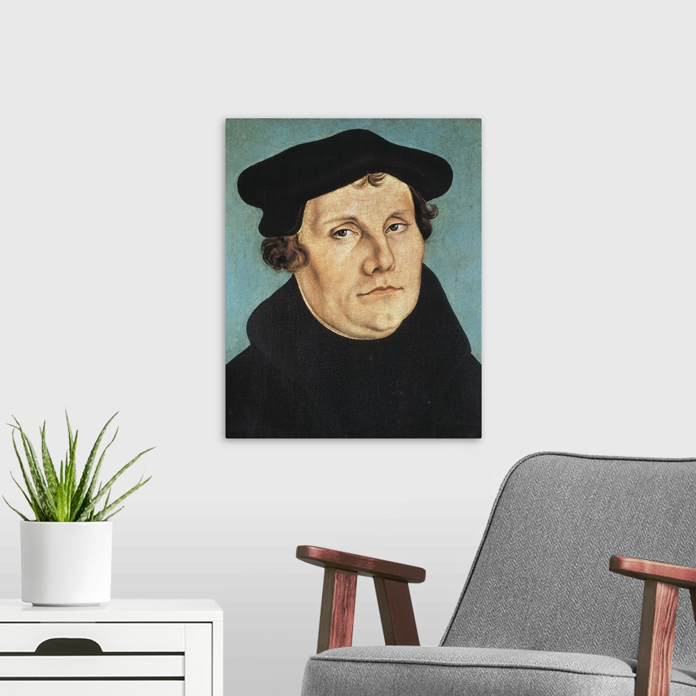A modern room featuring Cranach, Lucas, the Elder (1472-1553). Portraits of Luther and his Wife Katharina von Bora. 1529....