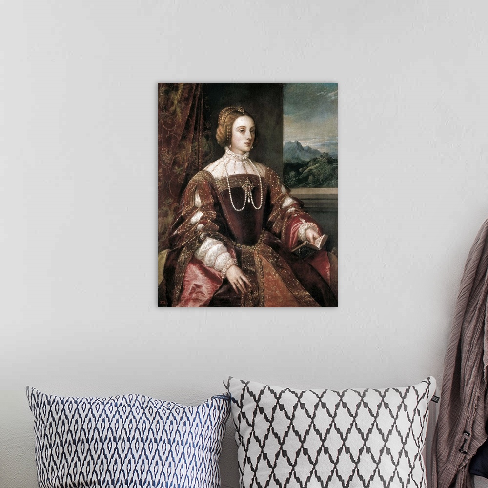 A bohemian room featuring Portrait of the Empress Isabella of Portugal by Tiziano Vecello