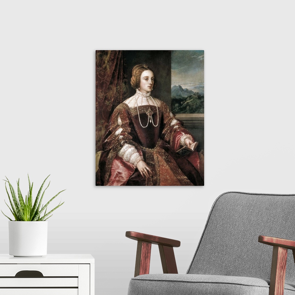 A modern room featuring Portrait of the Empress Isabella of Portugal by Tiziano Vecello