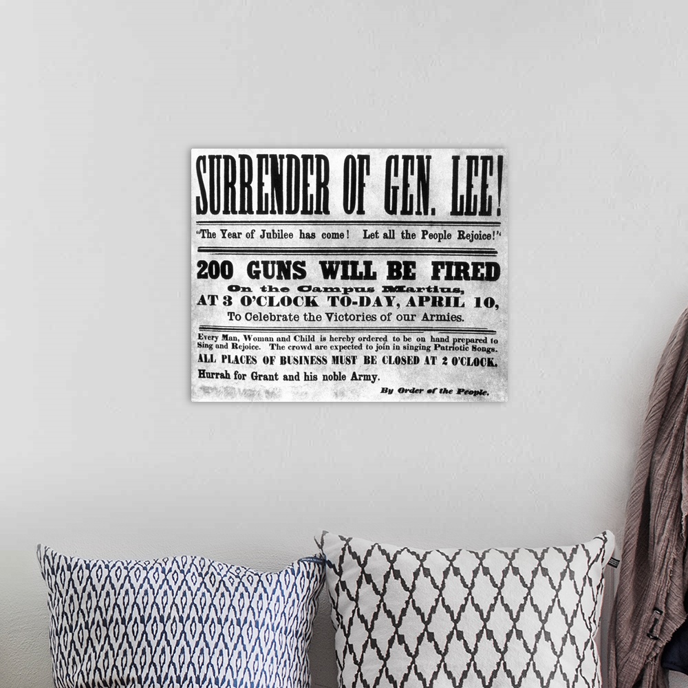 A bohemian room featuring Poster announcing the surrender of General Lee, ending the Civil War on April 9, 1865
