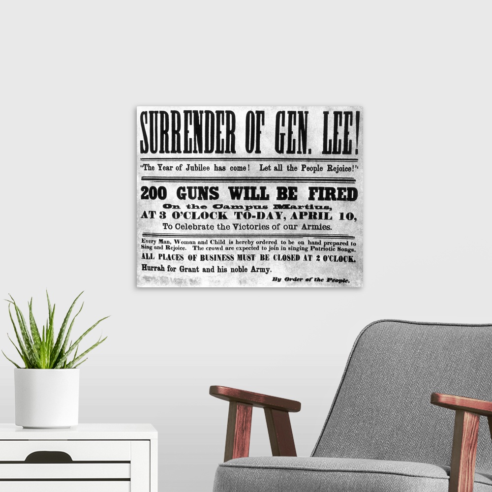 A modern room featuring Poster announcing the surrender of General Lee, ending the Civil War on April 9, 1865