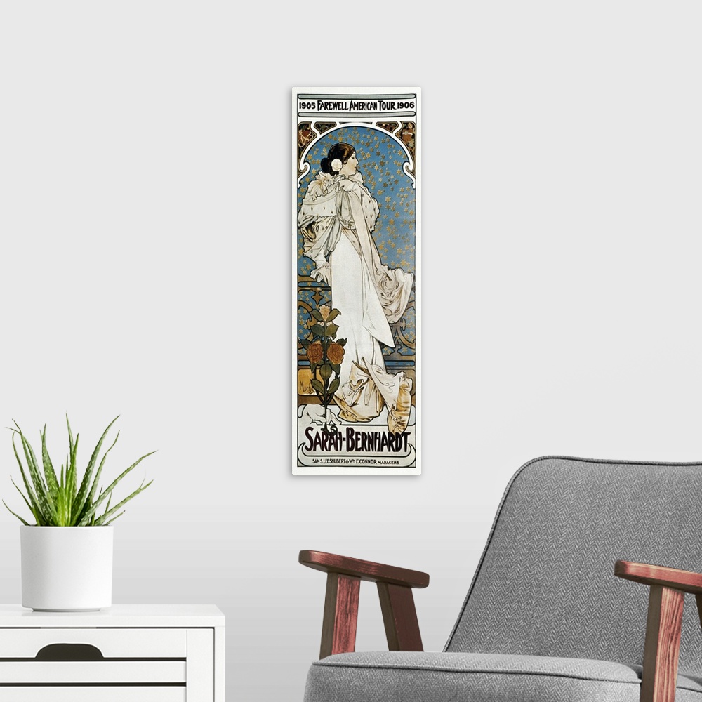 A modern room featuring MUCHA, Alphonse Maria (1860-1939). Farewell American Tour of Sarah Bernhardt. 1905. Poster advert...