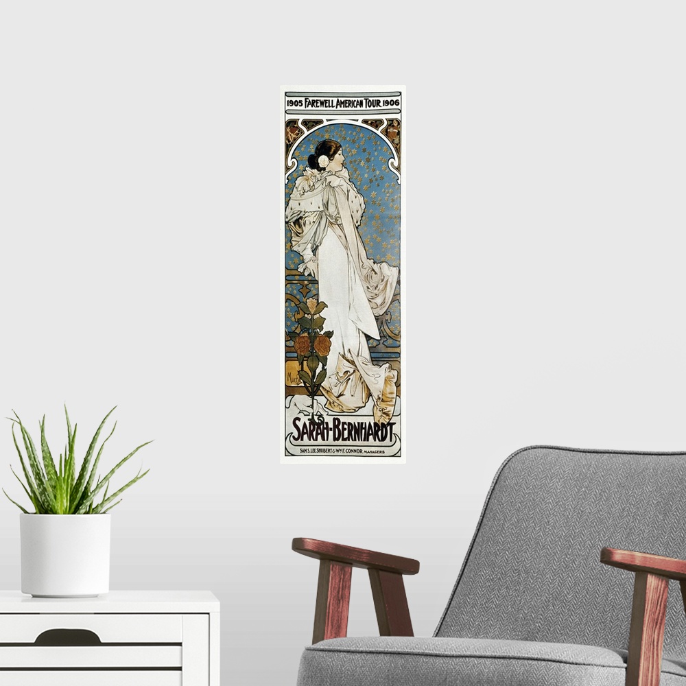 A modern room featuring MUCHA, Alphonse Maria (1860-1939). Farewell American Tour of Sarah Bernhardt. 1905. Poster advert...
