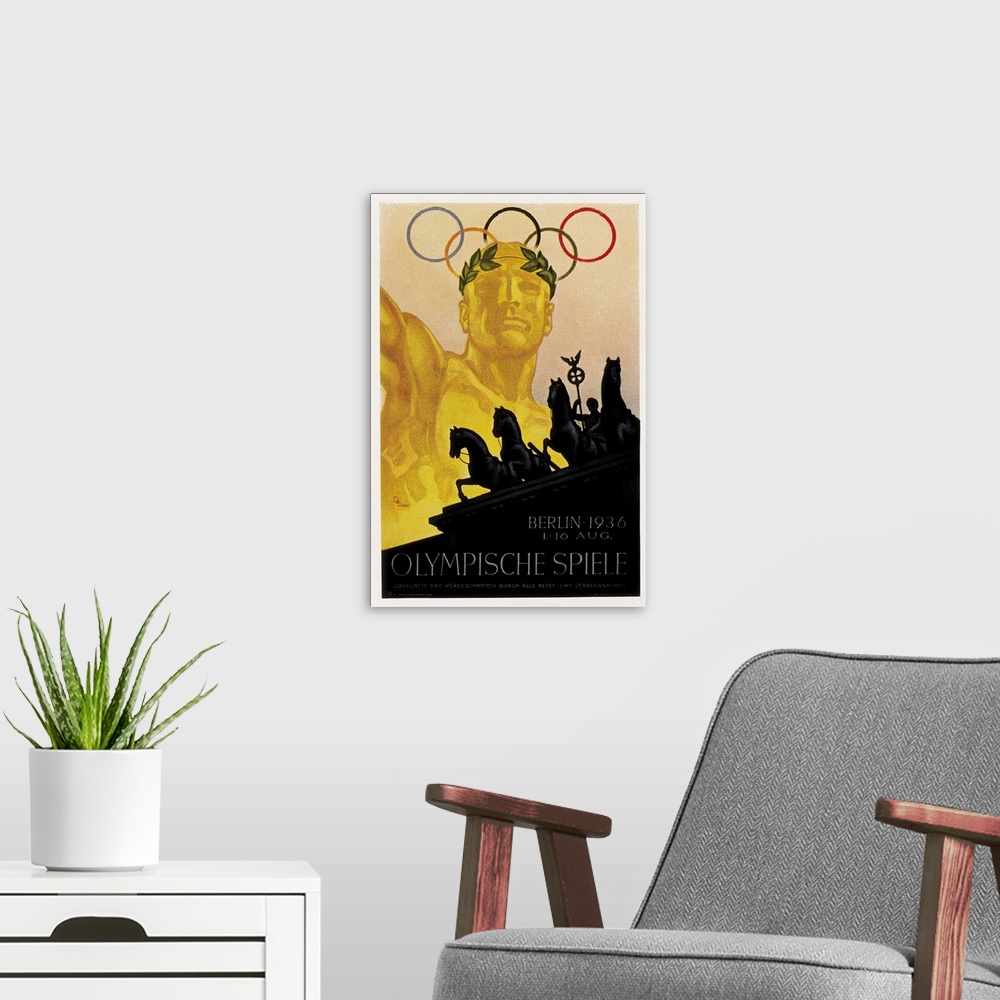 A modern room featuring Germany (1936). Berlin Olympic Games poster. -
