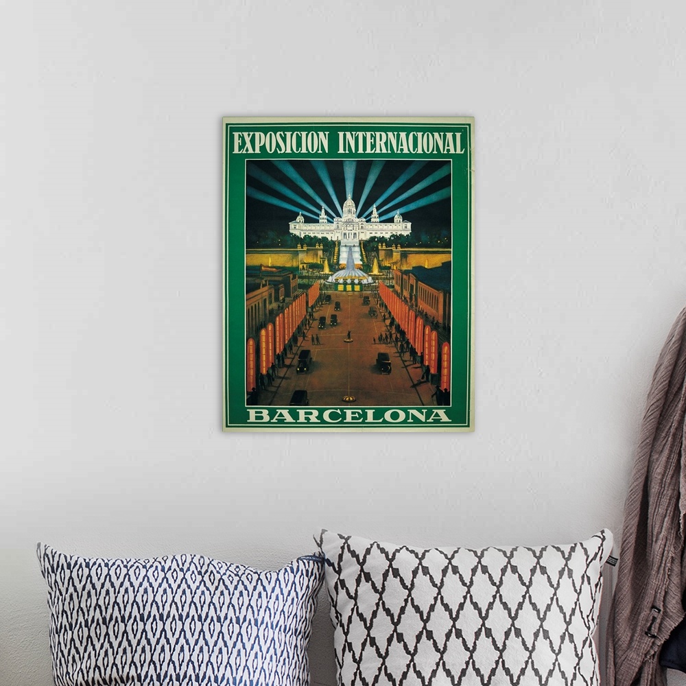 A bohemian room featuring Barcelona International Exhibition. 1929. Poster from an illustration by R. Bas. View of Paseo de...