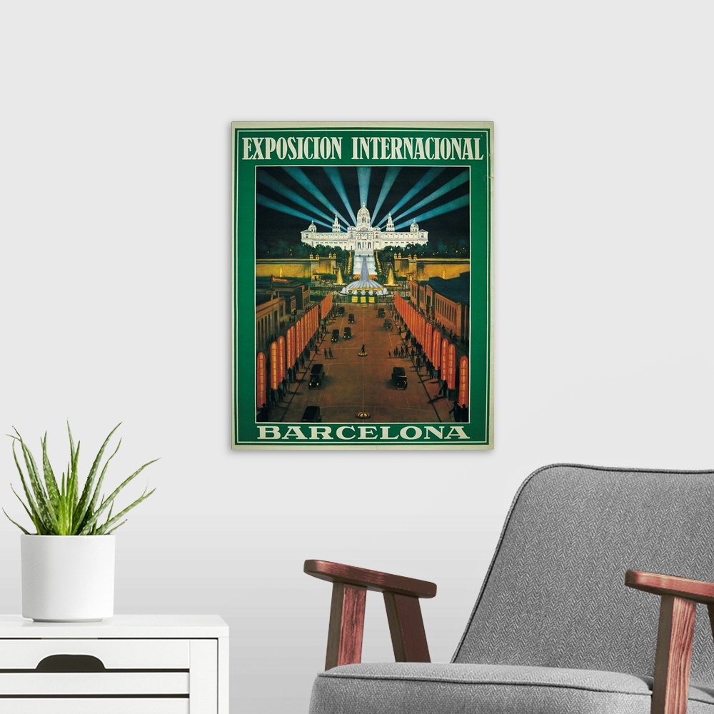 A modern room featuring Barcelona International Exhibition. 1929. Poster from an illustration by R. Bas. View of Paseo de...