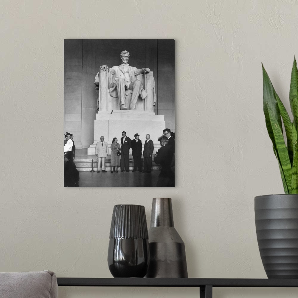 A modern room featuring Premier Nikita Khrushchev and others beneath the Lincoln statue in the Lincoln Memorial. L-R: Nik...