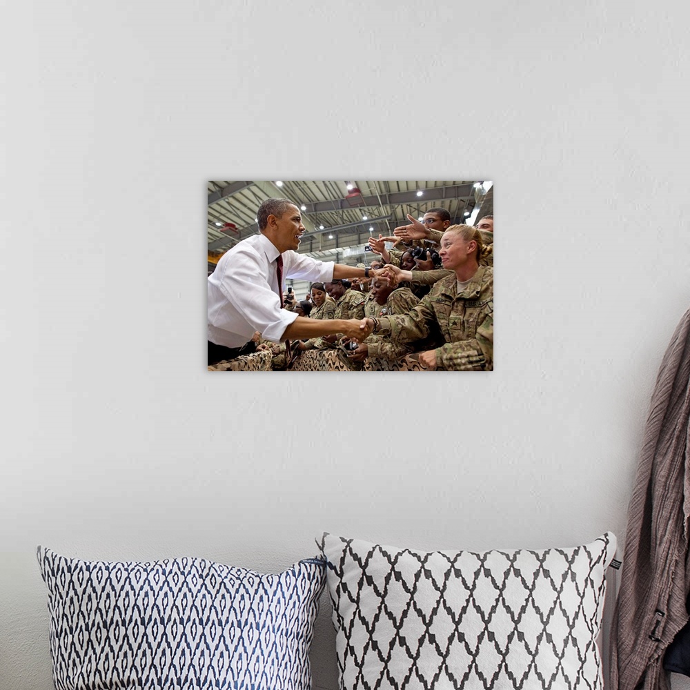 A bohemian room featuring President Barack Obama greets U.S. troops at Bagram Air Field, Afghanistan. May 1, 2012.