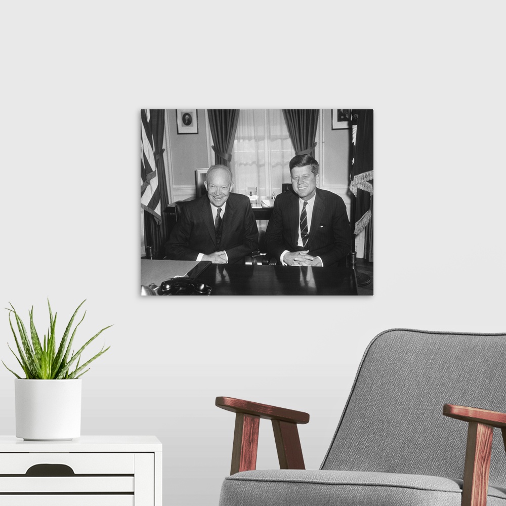 A modern room featuring President Dwight Eisenhower Meets with President-elect John Kennedy. They discussed the transitio...
