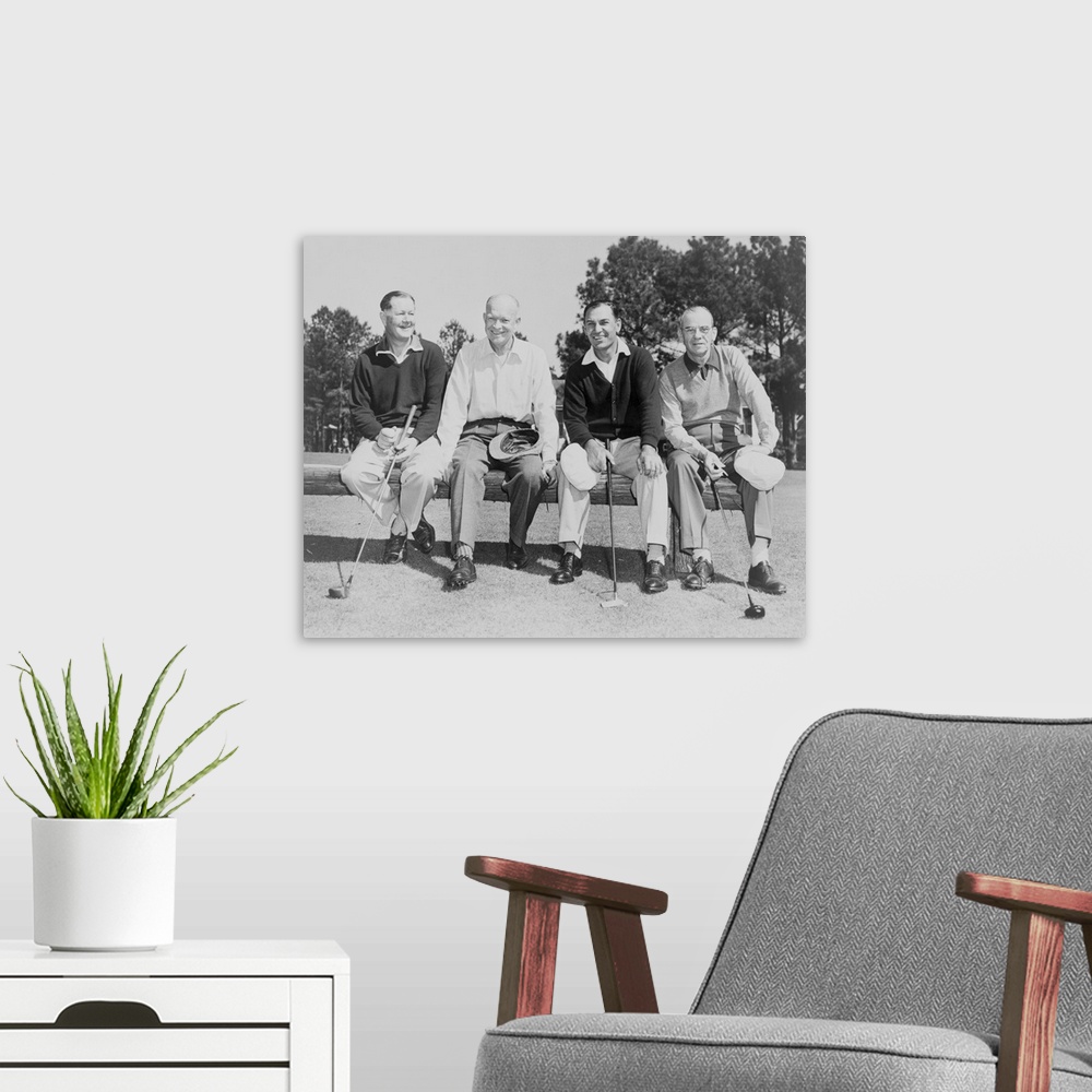 A modern room featuring President Dwight Eisenhower with Golf Champions at Augusta, Georgia, c. 1953. L-R: Byron Nelson, ...