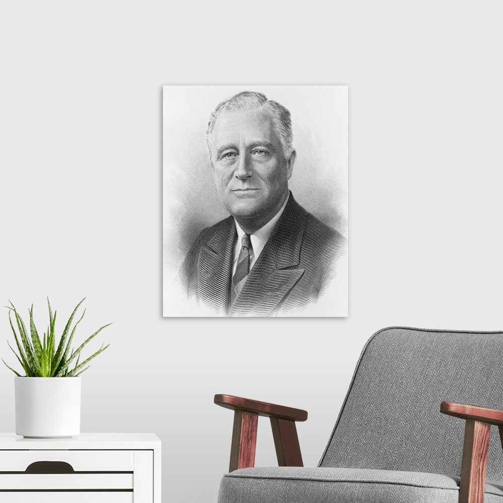 A modern room featuring President Franklin Roosevelt in a engraved portrait by the Bureau of Printing and Engraving. c. 1...