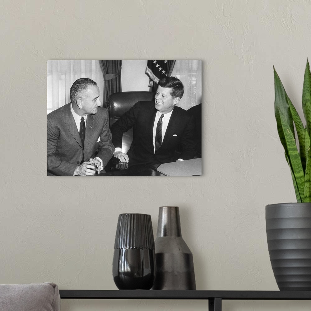 A modern room featuring President John Kennedy and Vice President Lyndon Johnson. They were hosting a Legislative Leaders...