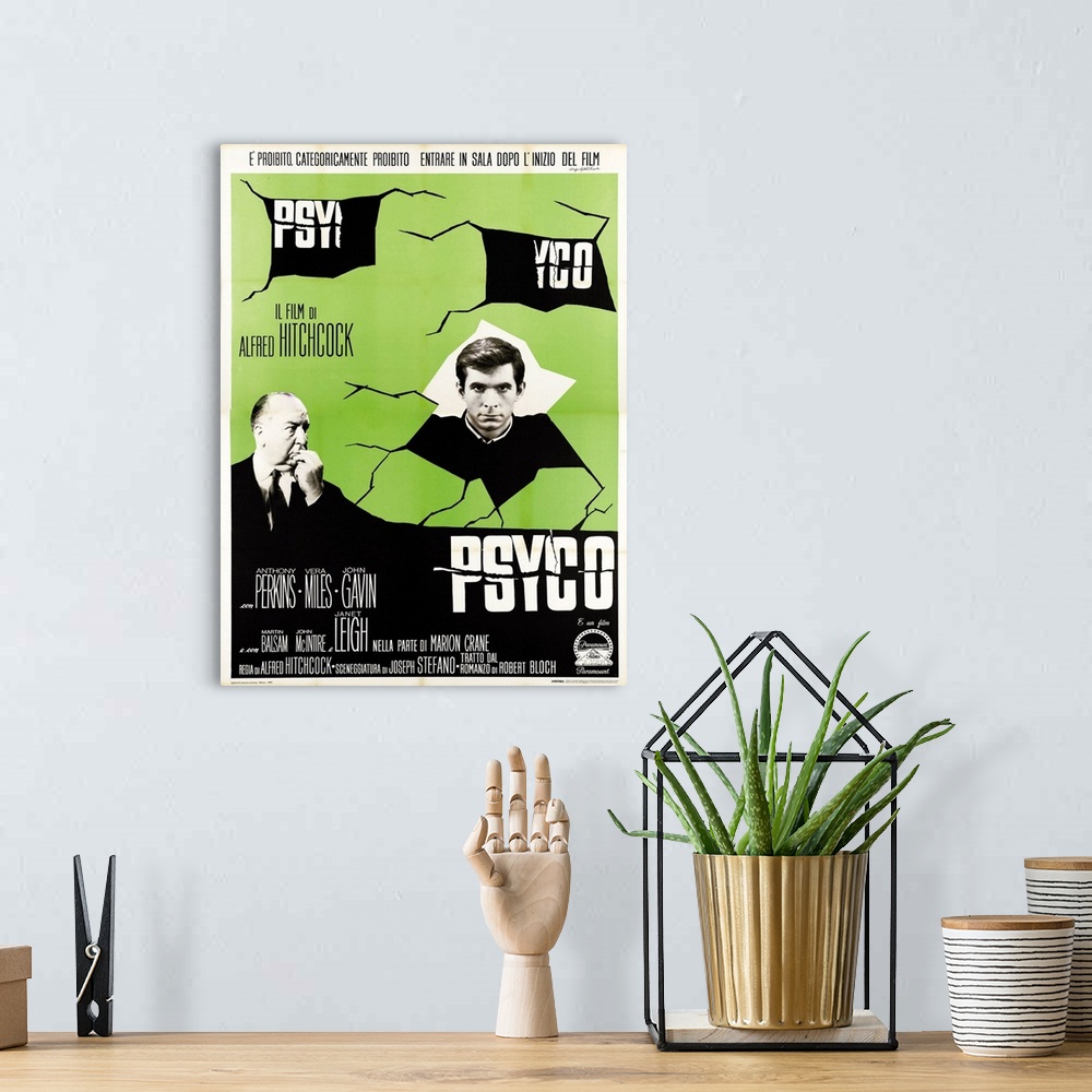 A bohemian room featuring Psycho, From Left: Alfred Hitchock, Anthony Perkins On Italian Poster Art, 1960.