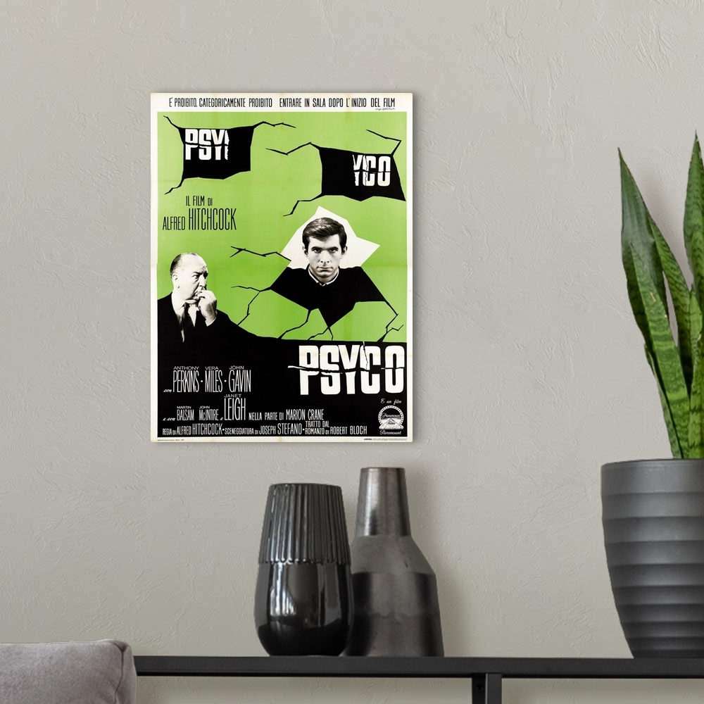 A modern room featuring Psycho, From Left: Alfred Hitchock, Anthony Perkins On Italian Poster Art, 1960.