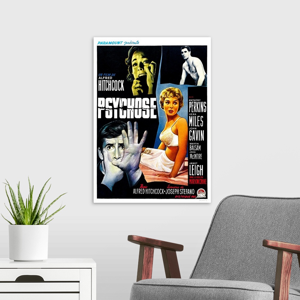 A modern room featuring Psycho, (aka Psychose), Belgian Poster Art, Top From Left: Vera Miles, John Gavin, Bottom From Le...